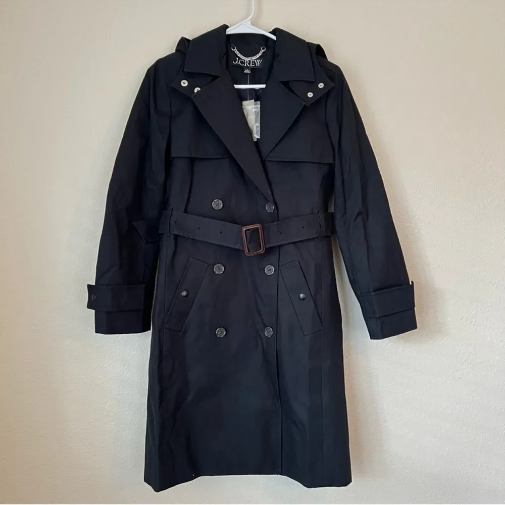 J. Crew Women’s Icon Trench Coat in Black Size 2 Classic Preppy Spring NWT